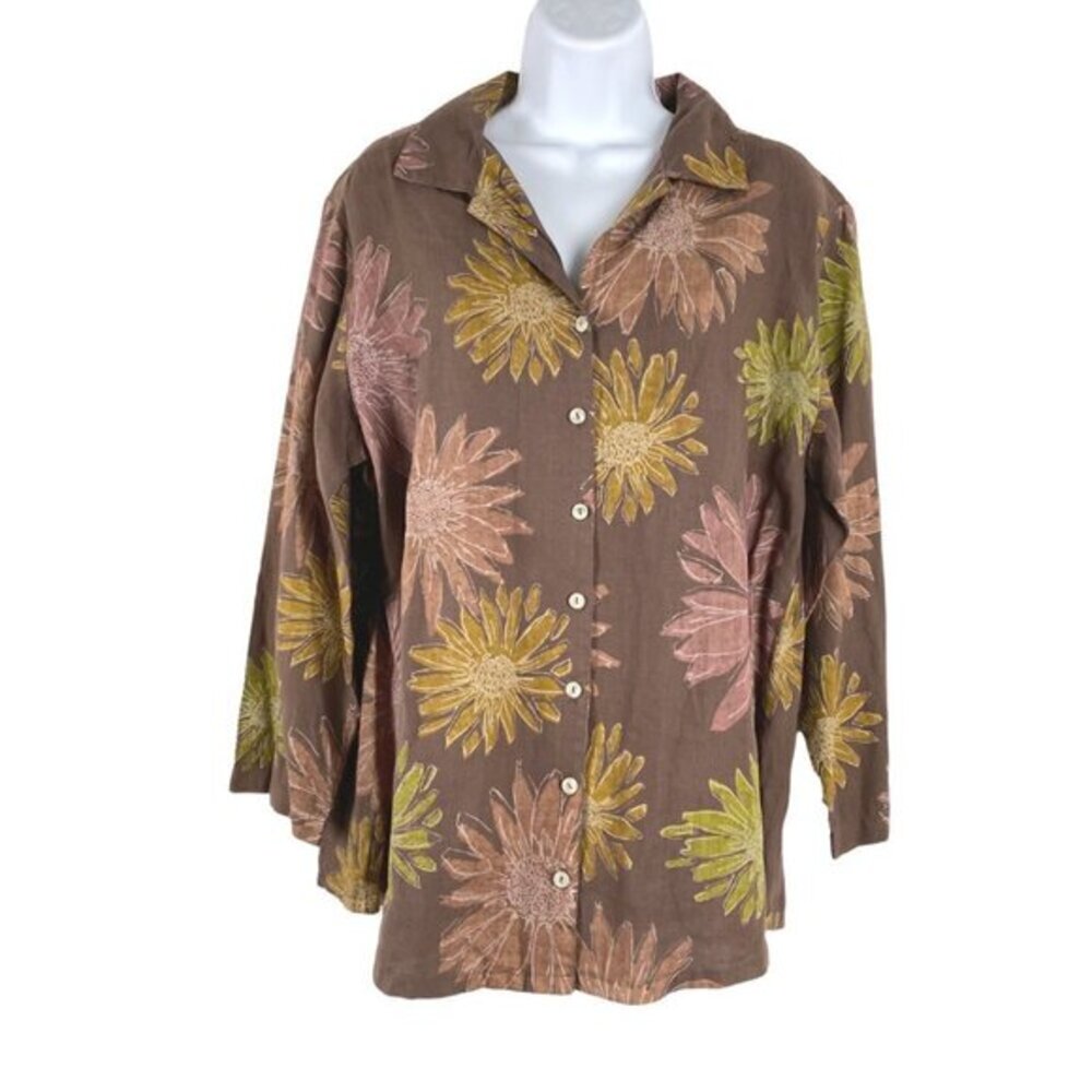 Fresh Produce Shirt Top Linen Floral Multicolored Button Front Women's‎ Small